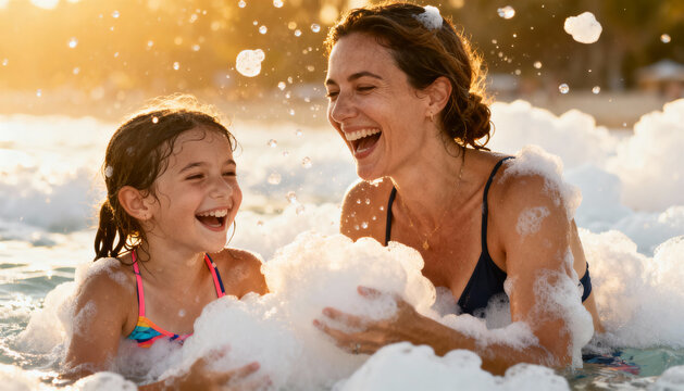 Joyful mother and daughter playing with foam bubbles in water at sunset, family bonding moment, summer outdoor fun, happy childhood and motherhood, carefree lifestyle - Powered by Adobe