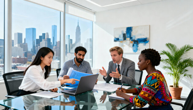 Diverse Multicultural Business Team Collaborating on Architectural Blueprints and Laptop in Modern Office with City Skyline View, Teamwork and Planning Concept