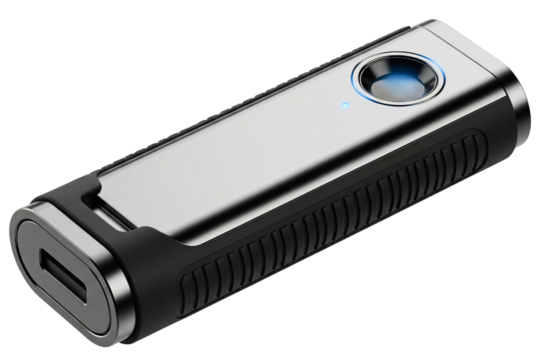 Portable solid-state drive with a biometric fingerprint scanner isolated with transparent background