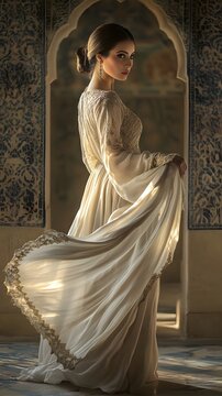 AI image Beautiful woman in flowing gown by ornate archway ethereal light classic elegance