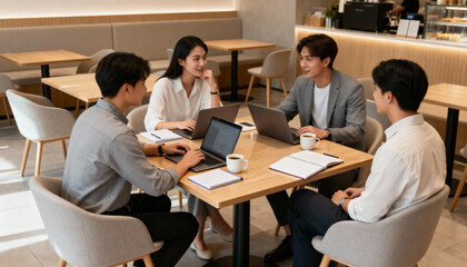 Young professionals collaborating with laptops and notebooks in a modern cozy cafe, teamwork meeting, business discussion, casual office atmosphere with coffee cups
