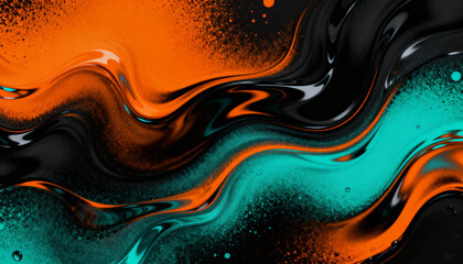 Psychedelic orange and teal fluid waves with black glossy grainy texture, vivid abstract colorful background, dynamic liquid swirl pattern, vibrant gradient art