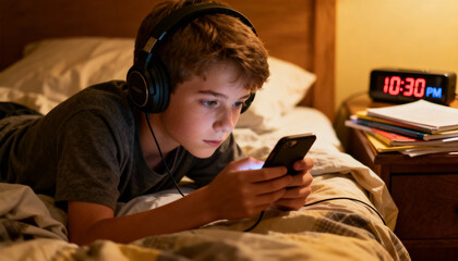 Teenage boy lying on bed at night using a smartphone with headphones. Youth lifestyle, screen time, digital media consumption, evening relaxation, and procrastination concept.