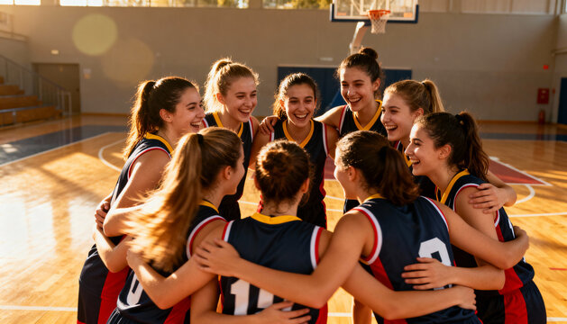 Young female basketball players in team huddle showing unity and joy on indoor court during game practice with sports uniforms and positive energy
