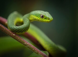 Fototapeta premium Close-up of a vibrant green snake gracefully slithering through lush foliage, a captivating glimpse into the wild and a symbol of nature's beauty