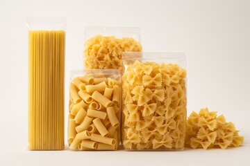 Variety of dried pasta shapes including spaghetti rigatoni and farfalle in clear plastic packaging bags