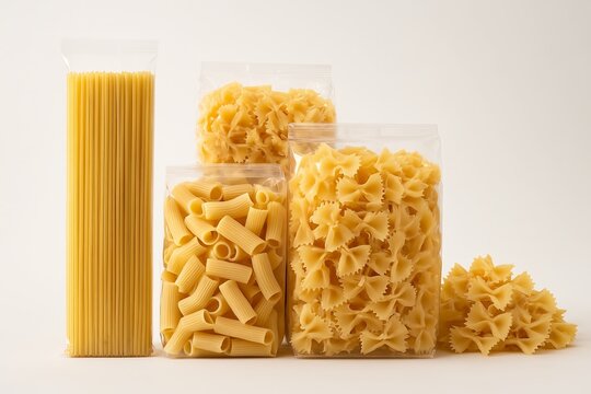 Variety of dried pasta shapes including spaghetti rigatoni and farfalle in clear plastic packaging bags