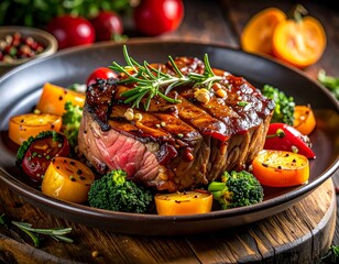 Grilled steak with roasted vegetables