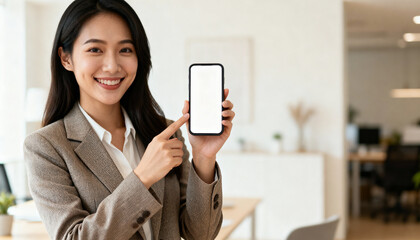 Happy smiling Asian businesswoman showing blank smartphone screen. Professional female corporate worker holding mobile phone for mockup, copy space for app or website display.