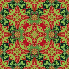 seamless damask pattern,green, red curves,painted create to flower shape,leaves with black background in geometric patterns as sarong,fabric,tile,printed fabric,batik,tablecloth patterns.