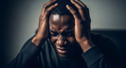 Young african american man suffering from headache. Stress, anxiety, and depression concept. Intense pain or mental anguish.