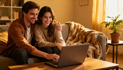 Happy couple using laptop on sofa in cozy living room. Young man and woman enjoying weekend at home, browsing internet, online shopping or watching movies. Relationship goals.