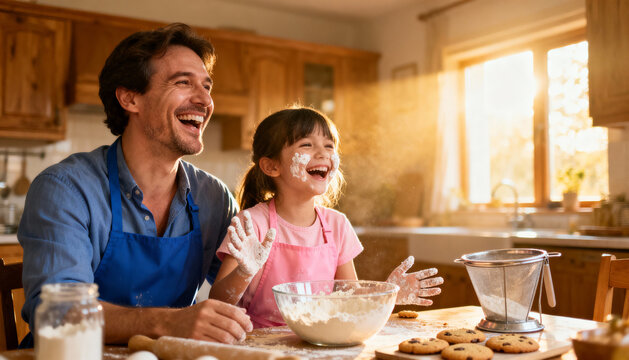 Happy father and daughter baking cookies in the kitchen. Family fun lifestyle concept. Playful child with flour on face laughing with dad. Quality time and bonding at home. - Powered by Adobe