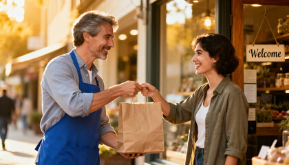 Friendly shopkeeper gives purchase in paper bag to happy customer. Local small business owner provides excellent service. Retail transaction, welcome sign, sunny day street view.