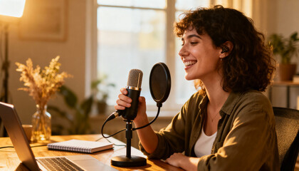 Happy female podcaster recording audio podcast in home studio. Cheerful woman speaking in microphone. Content creator lifestyle. Live streaming, vlogging, and broadcasting concept.