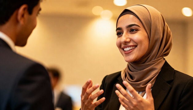 Successful Muslim businesswoman in hijab smiling during a professional conversation. Concept of diversity, corporate communication, inclusion, networking, and empowerment.