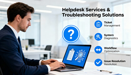 Helpdesk services & troubleshooting solutions concept. IT specialist providing customer support. Businessman working on laptop for ticket management, diagnostics, and issue resolution.