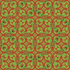 vintage seamless pattern,green, red curves,painted create to flower shape,leaves with black background in geometric patterns as sarong,fabric,tile,printed fabric,batik,tablecloth patterns.