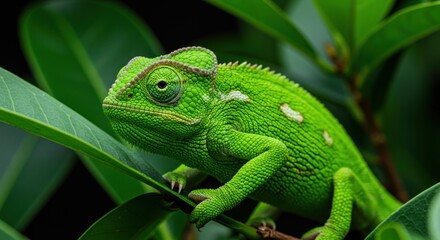 Obraz premium Bright green chameleon on a leafy branch