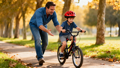 Father teaching son to ride a bicycle in the park. Supportive parent helps child learn to cycle. Family bonding and active lifestyle concept. Childhood development and encouragement.