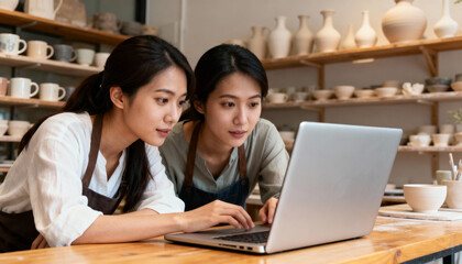 Two female ceramists using a laptop together in their pottery studio. Small business owner concept. Asian women entrepreneurs teamwork managing online store, e-commerce, handmade.