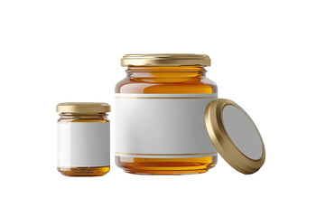 Two glass honey jars with gold lids and white labels