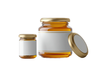 Two glass honey jars with gold lids and white labels
