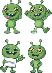 Cartoon aliens, green creatures, funny extraterrestrials, cute characters, space theme, antenna heads, orange eyes, greetings sign, peace gesture, playful poses, kids illustration,