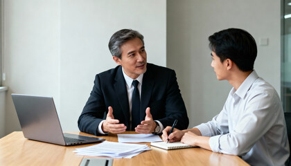 Senior Asian manager mentoring a young employee in a modern office. Business professionals in a meeting discussing a project, offering guidance, and planning strategy.