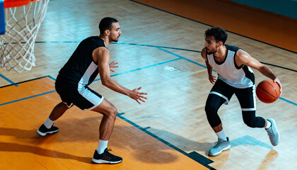 One-on-one intense basketball defensive showdown with two athletic players competing in an indoor gym court, dribbling, guarding, fast-paced sports action and competition