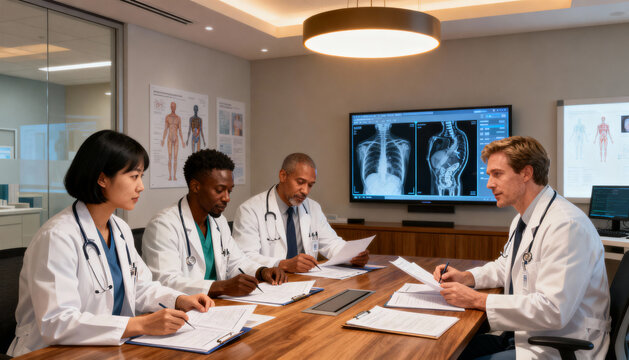 Multiethnic team of specialist doctors in a meeting. Medical professionals collaborating in hospital conference room, analyzing a patient's case, discussing diagnosis with X-ray.