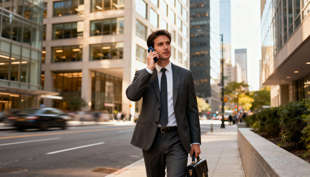 Successful businessman in suit with briefcase talking on cellphone while walking in a modern city street. Professional entrepreneur on the go. Corporate communication concept.