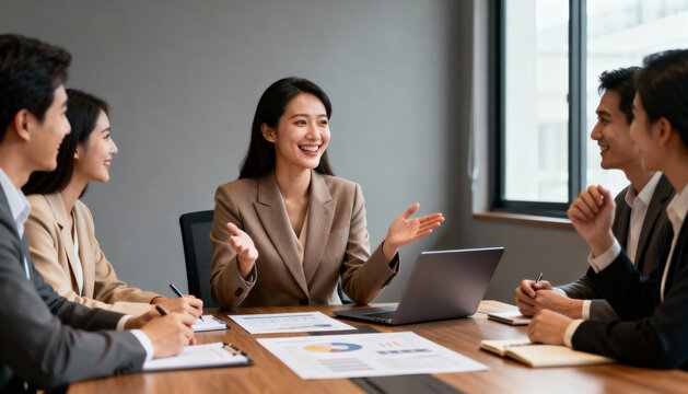 Happy Asian business woman leading a team meeting. Professionals discussing strategy and analyzing data charts. Corporate collaboration, brainstorming session, and successful teamwork. - Powered by Adobe