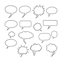 Collection of black outline speech bubbles and thought bubbles on white background comic dialogue