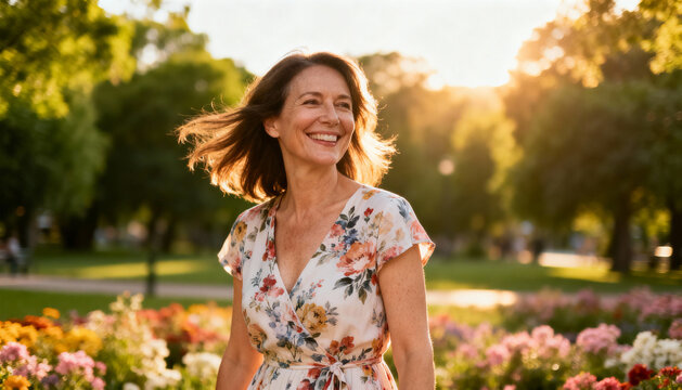 Joyful mature woman enjoying a beautiful summer sunset in a vibrant flower garden. Concept of positive aging, healthy lifestyle, contentment, freedom, and natural beauty.