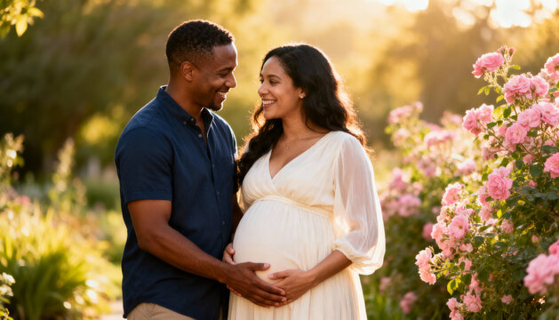 Happy mixed race couple expecting a baby, lovingly embracing in a beautiful summer garden at sunset. Black man and woman share a tender moment. Maternity and parenthood concept.