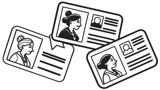 Collection of cartoon identification cards featuring diverse women diverse people identity badges personnel records