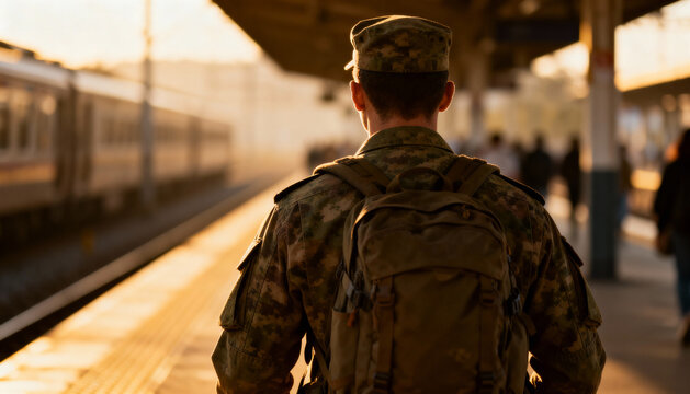 Rear view of a soldier returning home from the army. Military man in uniform with a backpack on a train station platform at sunset. Concept of homecoming, veteran, ptsd, and service.