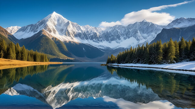 A majestic mountain stands tall against a breathtaking backdrop of snow-capped peaks, its reflection shimmering in a tranquil lake below. Nature's beauty is on full display in this idyllic landscape. - Powered by Adobe