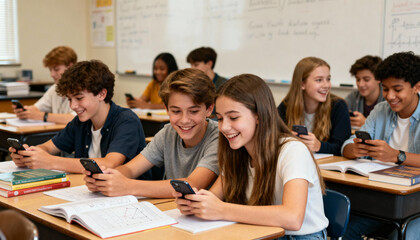 Teenage students using smartphones in classroom for studying and social interaction. Diverse group of friends focused on mobile phones, technology in education, and digital learning.