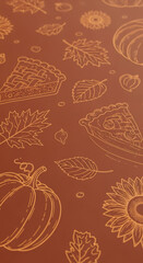 Brown background with line art pumpkins, pie, leaves, and sunflowers. Autumnal design, perfect for Thanksgiving or fall-themed projects, creating a cozy and harvest feel