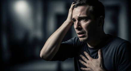 Fototapeta premium Caucasian man experiencing distress and anxiety. Emotional suffering and mental health problem concept. Stress and frustration with headache.