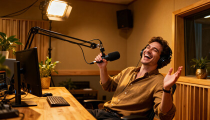 Joyful male radio presenter broadcasting live. Happy young man laughing, speaking in microphone. Podcaster at work in a modern studio. Content creator, entertainment, communication.
