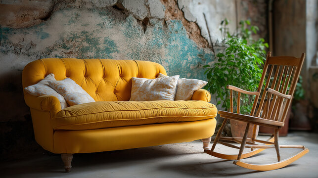 Yellow sofa and rocking chair against a distressed wall in a rustic interior, under soft warm lighting, highlighting cozy texture and vintage charm, serene home scene, calm distres