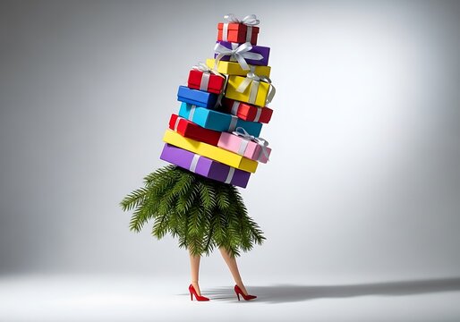 Woman wearing a green leafy skirt and high heels, carrying a large stack of colorful gift boxes, isolated on white background - Powered by Adobe