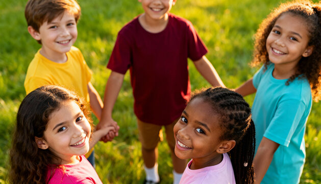 Happy diverse children holding hands in a circle looking up. Multiethnic group of kids smiling together. Concept of friendship, unity, teamwork, and multicultural community.