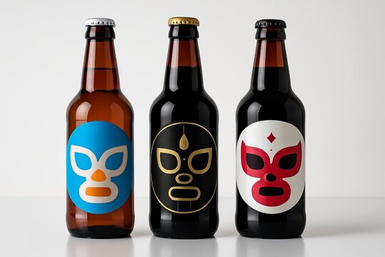 Three craft beer bottles featuring colorful Mexican luchador wrestling mask labels in blue gold and red designs - Powered by Adobe
