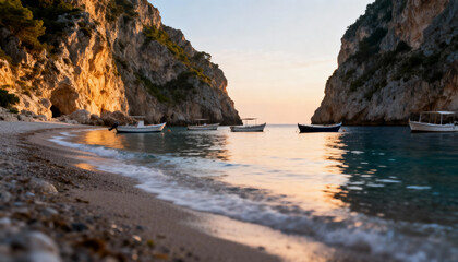 Serene coastal landscape of a secluded bay with traditional boats on calm turquoise water. Scenic view of a hidden beach and rocky cliffs during golden hour sunrise.