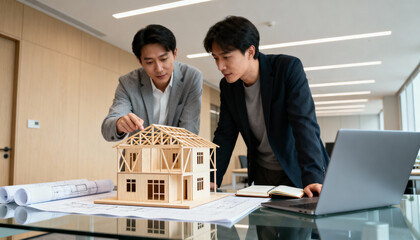 Two professional Asian architects discussing a wooden architectural model of a house. Engineers collaborating in a meeting on a building project with blueprints. Teamwork and design.