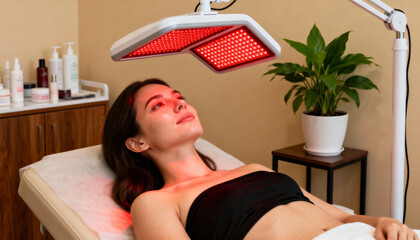 Woman getting red light therapy on her face in a beauty spa. Concept of a cosmetic anti-aging skin rejuvenation treatment. LED phototherapy for skincare and wellness.